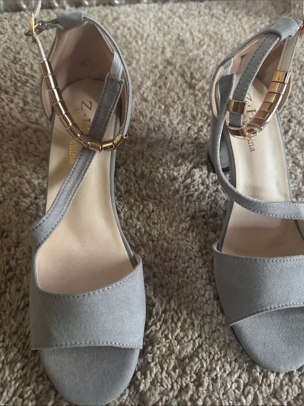 Zara Light Gray Suede Open-Toe Ankle-Strap Heels with Gold Accent